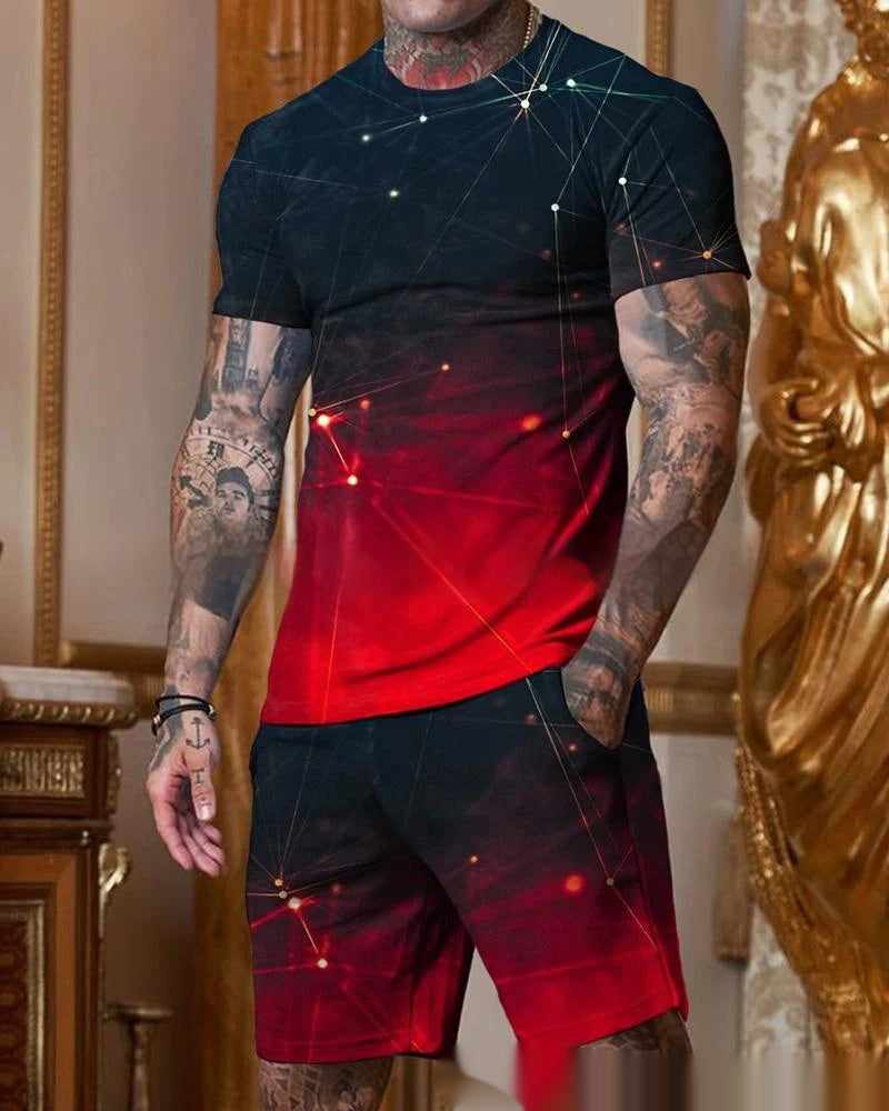 Men’s Casual Short Sleeve Round Neck Gradient Colorful Suit