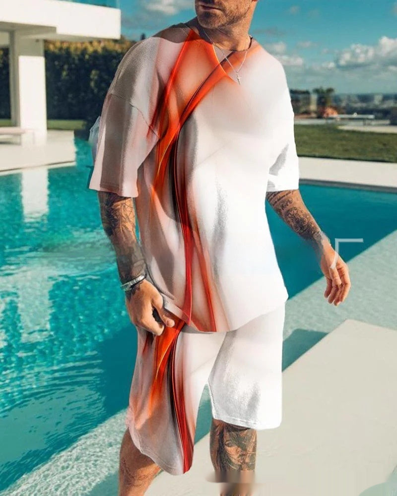Men’s Casual Short Sleeve Round Neck Gradient Colorful Suit