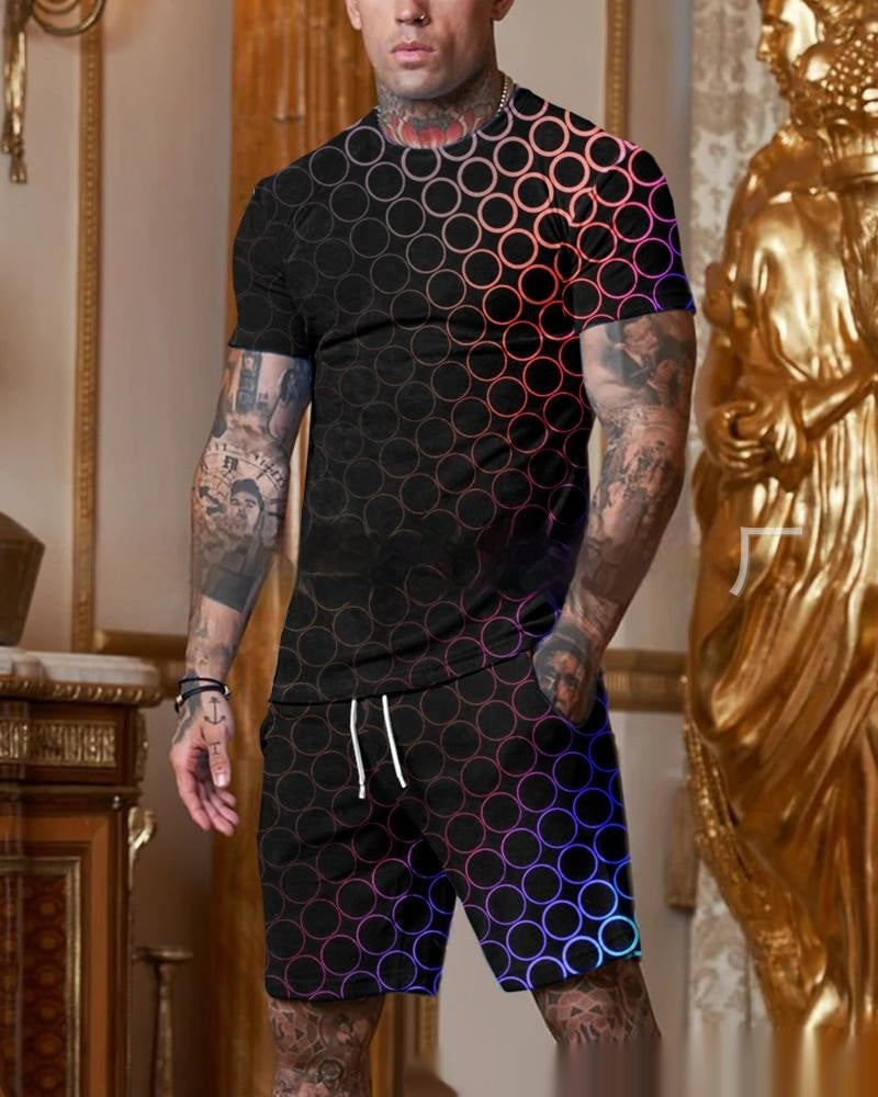 Men’s Casual Short Sleeve Round Neck Gradient Colorful Suit