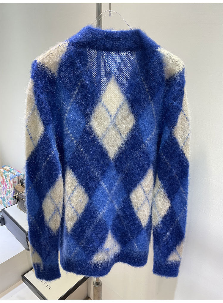 Niche New Loose Color Matching Diamond Mohair Knitted Sweater