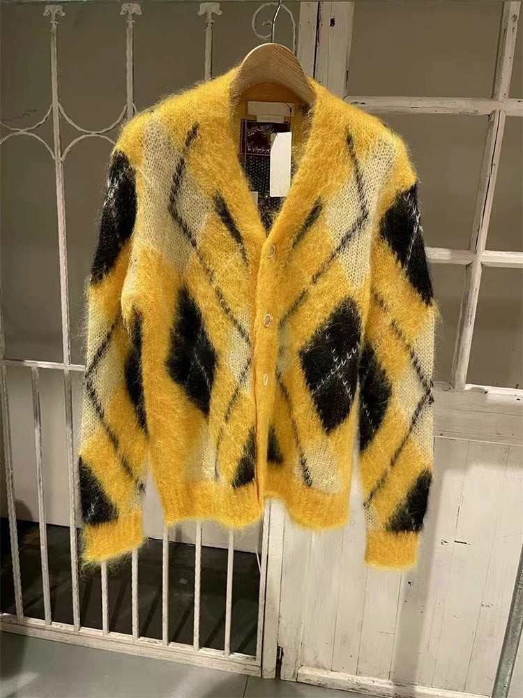 Niche New Loose Color Matching Diamond Mohair Knitted Sweater