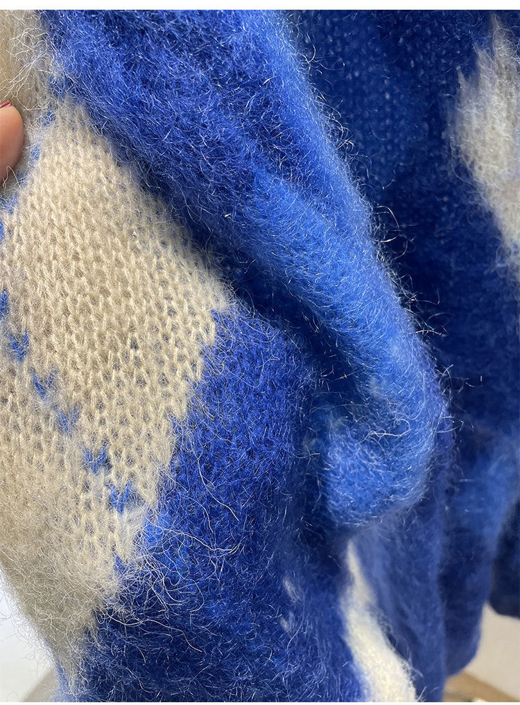 Niche New Loose Color Matching Diamond Mohair Knitted Sweater