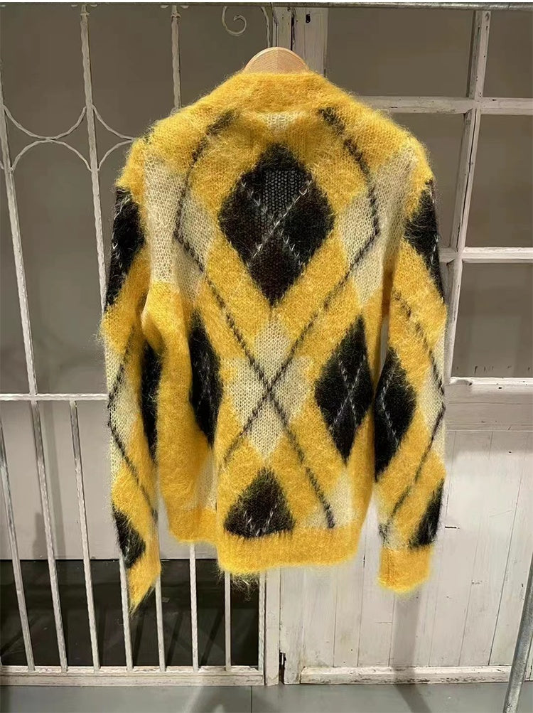 Niche New Loose Color Matching Diamond Mohair Knitted Sweater