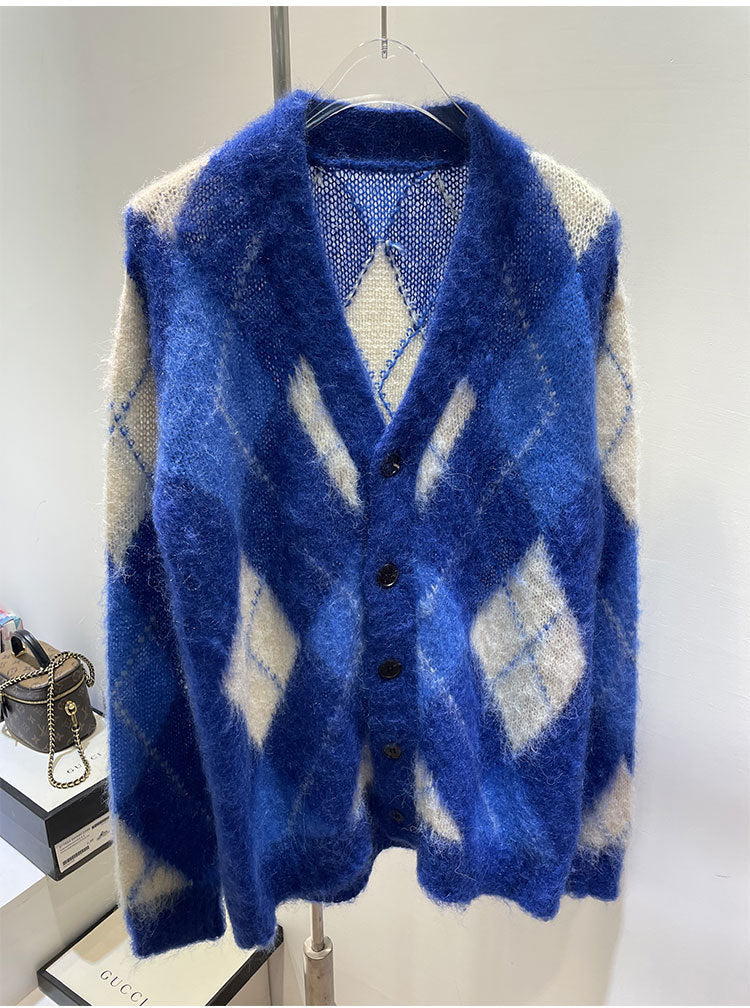Niche New Loose Color Matching Diamond Mohair Knitted Sweater - Blue / S