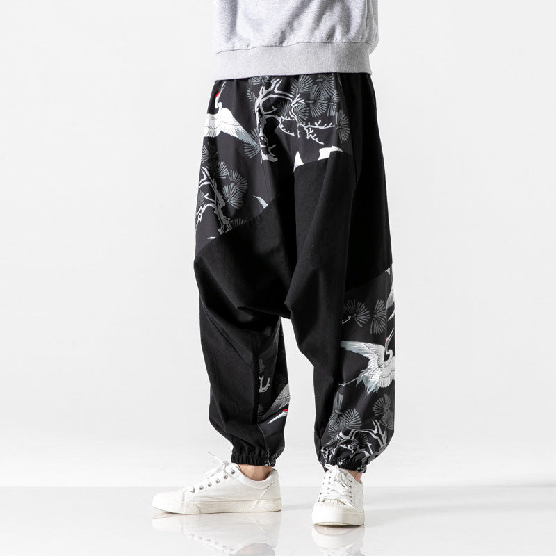 Chinese style crotch big crotch patchwork pants - Black / 4XL