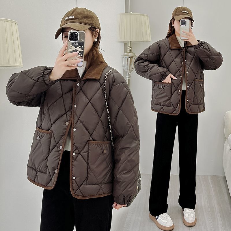 Classic Rhombus Cotton-padded Clothes Disposable PU Leather Loose Contrast Color And Versatile
