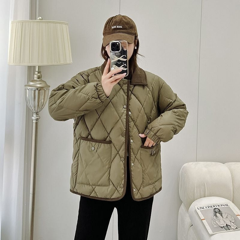 Classic Rhombus Cotton-padded Clothes Disposable PU Leather Loose Contrast Color And Versatile - Army Green / S