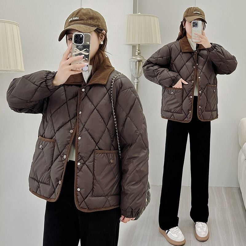 Classic Rhombus Cotton-padded Clothes Disposable PU Leather Loose Contrast Color And Versatile - Brown / S