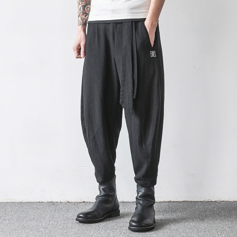 Cotton And Linen Harlan Embroidered Lantern Trousers For Men With Wide Legs - Black / M