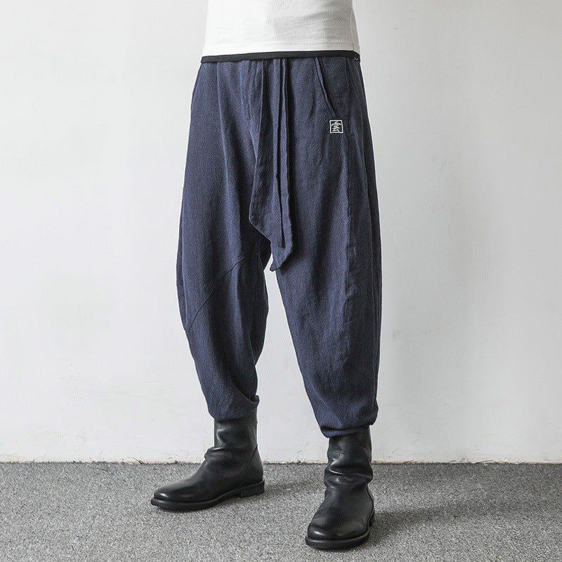 Cotton And Linen Harlan Embroidered Lantern Trousers For Men With Wide Legs - Navy Blue / M