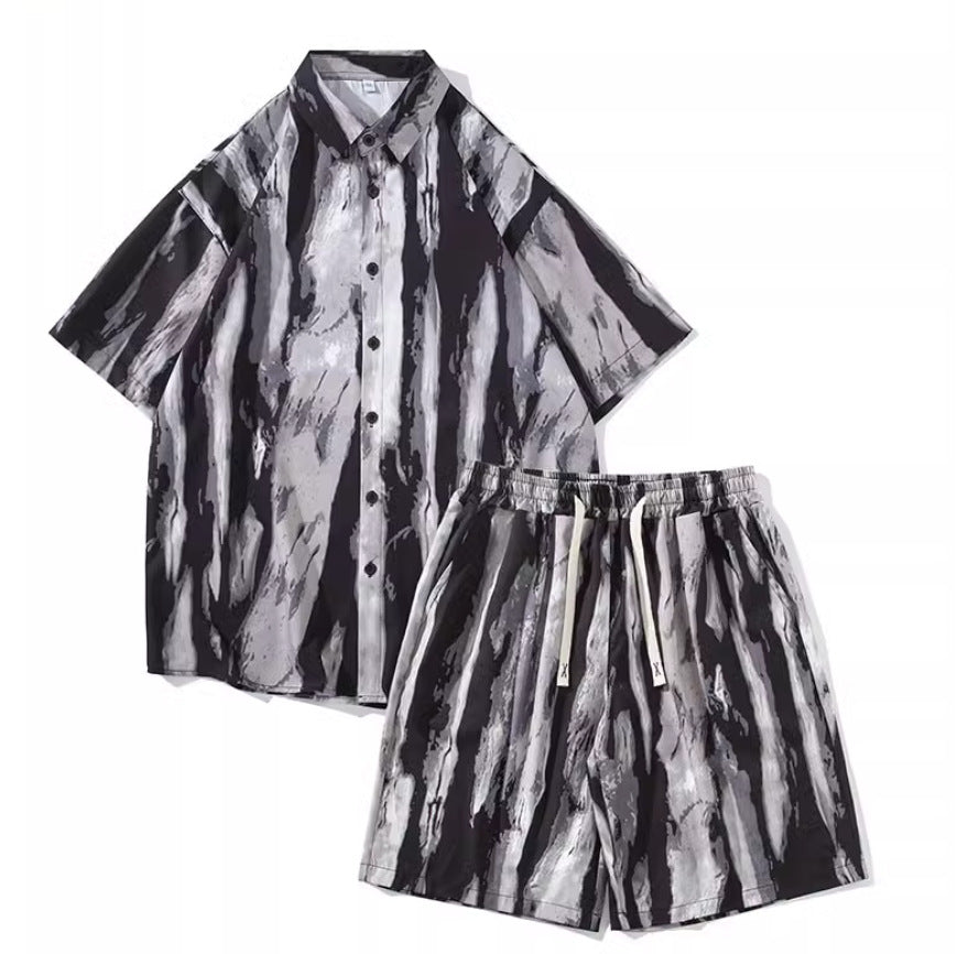 Casual Tie-dye Men’s Loose Flower Shirt Suit - TZ8633 / M