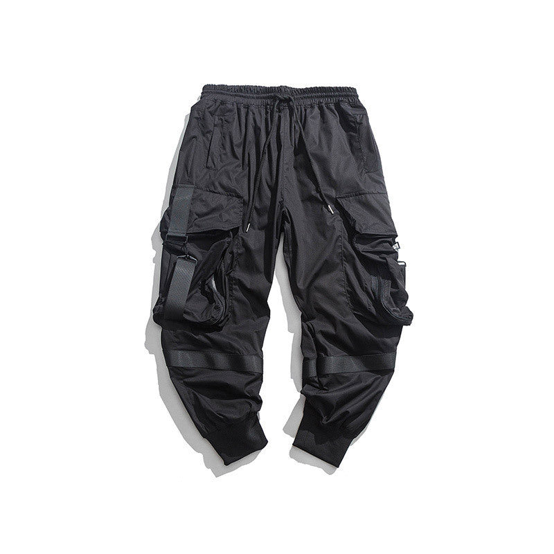 Summer thin functional wind pants men’s loose hip-hop big pocket overalls - Black / M