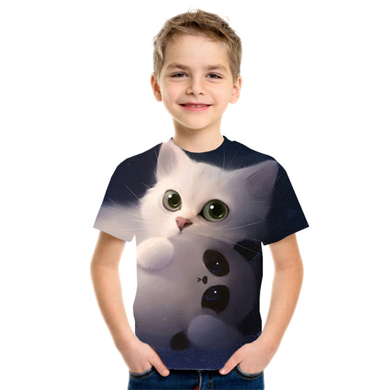 3D Digital Printing Short Sleeve Fashion Kids T-shirt Top - Black / 110cm