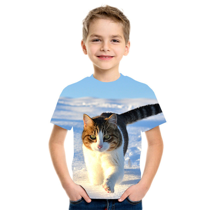 3D Digital Printing Short Sleeve Fashion Kids T-shirt Top - Brown / 110cm