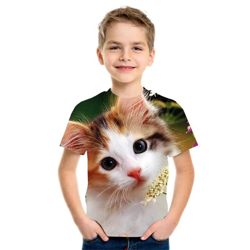 3D Digital Printing Short Sleeve Fashion Kids T-shirt Top - Light Blue / 110cm