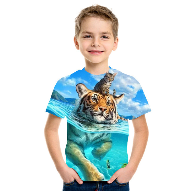 3D Digital Printing Short Sleeve Fashion Kids T-shirt Top - Red / 110cm