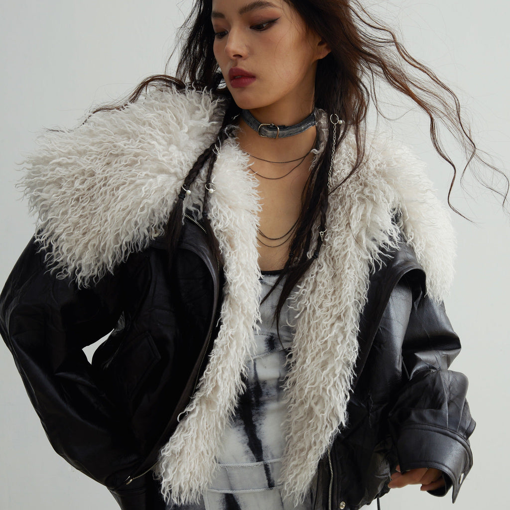 Retro Quiet Luxury Detachable Large Fur Collar Leather Jacket - Black / S