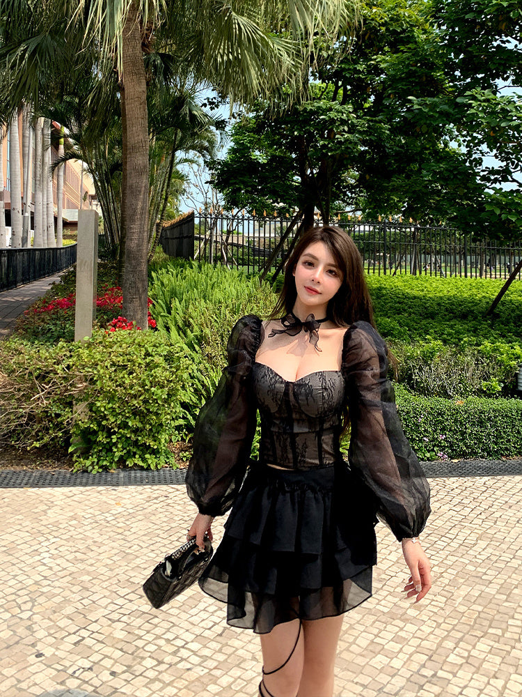 Fashion Temperament Sexy Western Style Long-sleeved Mesh Top