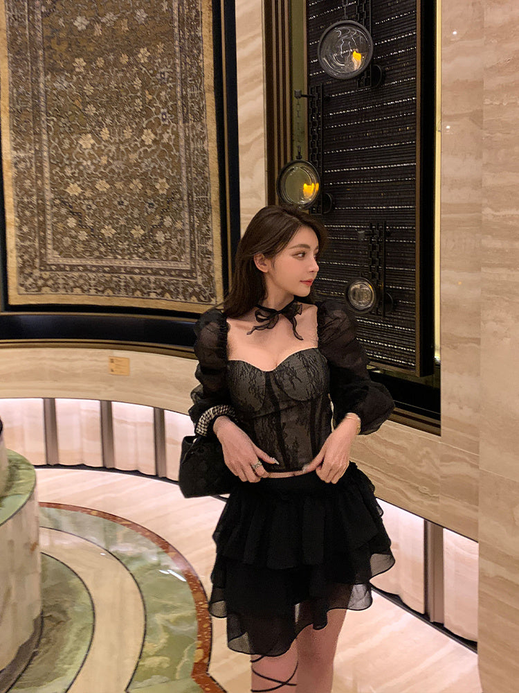 Fashion Temperament Sexy Western Style Long-sleeved Mesh Top