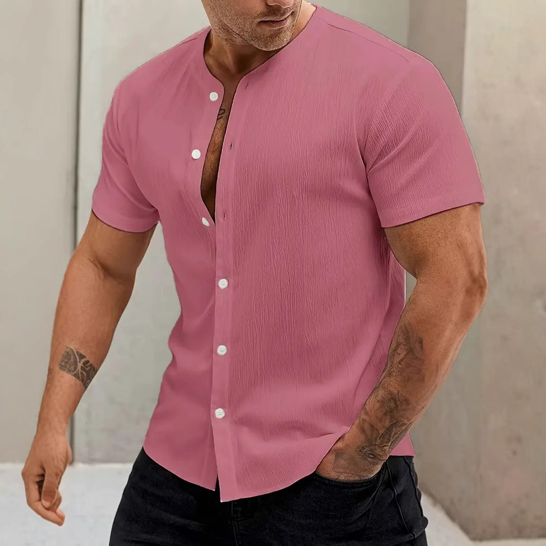 New Cardigan Stand Collar Men’s Short-sleeve Shirts