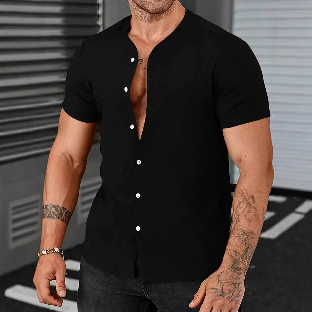 New Cardigan Stand Collar Men’s Short-sleeve Shirts