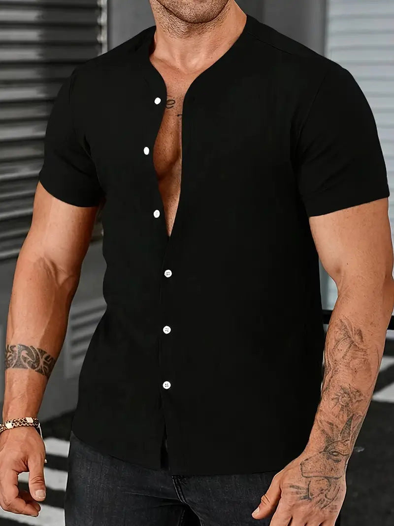 New Cardigan Stand Collar Men’s Short-sleeve Shirts - Black / S