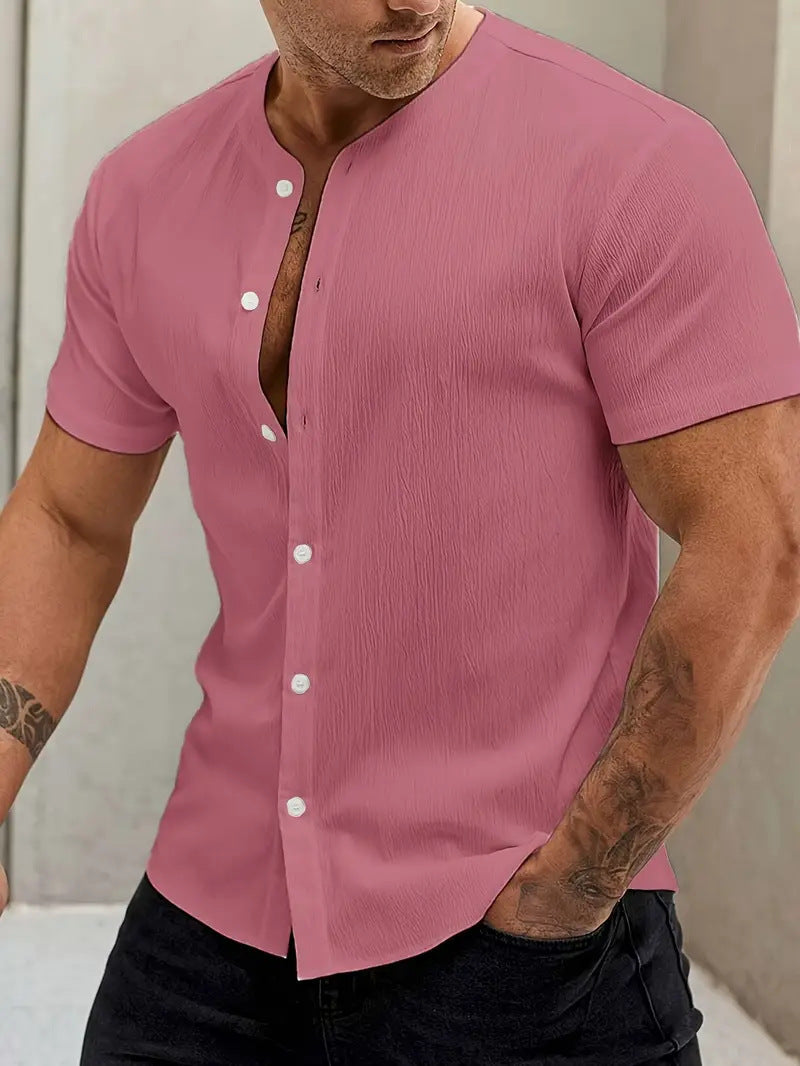 New Cardigan Stand Collar Men’s Short-sleeve Shirts - Pink / S