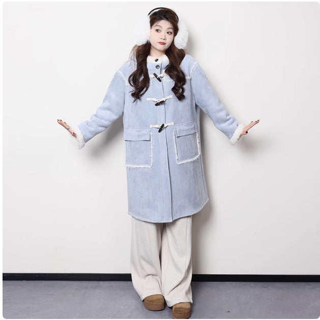 Maillard Short And Long Suede Faux Fur Plush Coat - Blue long / M