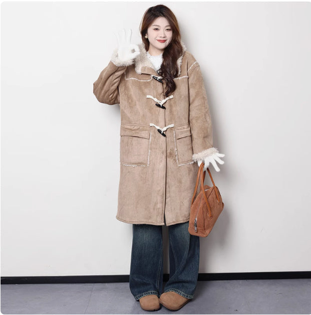 Maillard Short And Long Suede Faux Fur Plush Coat - Khaki long / M