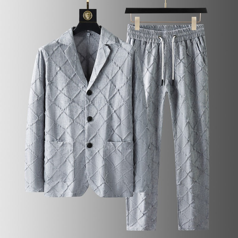 High-end Men’s Fashion Tailored Suit Collar Jacquard Thin Long Sleeve Two-piece Set