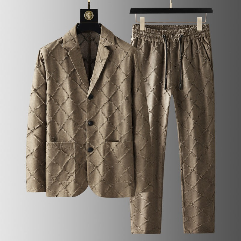 High-end Men’s Fashion Tailored Suit Collar Jacquard Thin Long Sleeve Two-piece Set