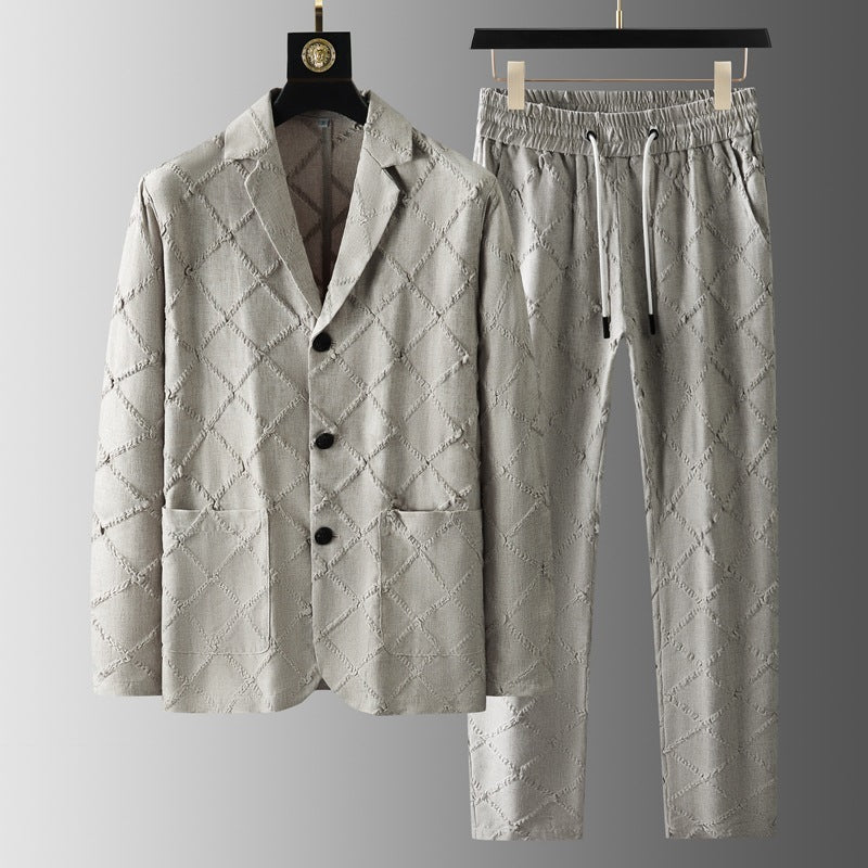 High-end Men’s Fashion Tailored Suit Collar Jacquard Thin Long Sleeve Two-piece Set