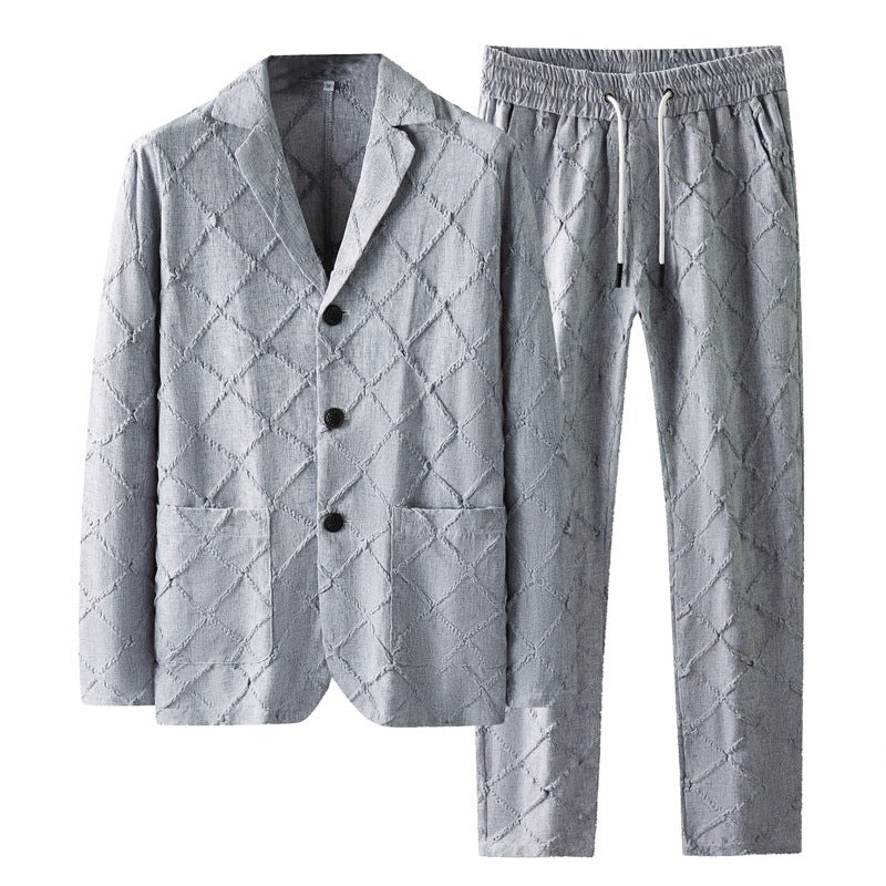 High-end Men’s Fashion Tailored Suit Collar Jacquard Thin Long Sleeve Two-piece Set