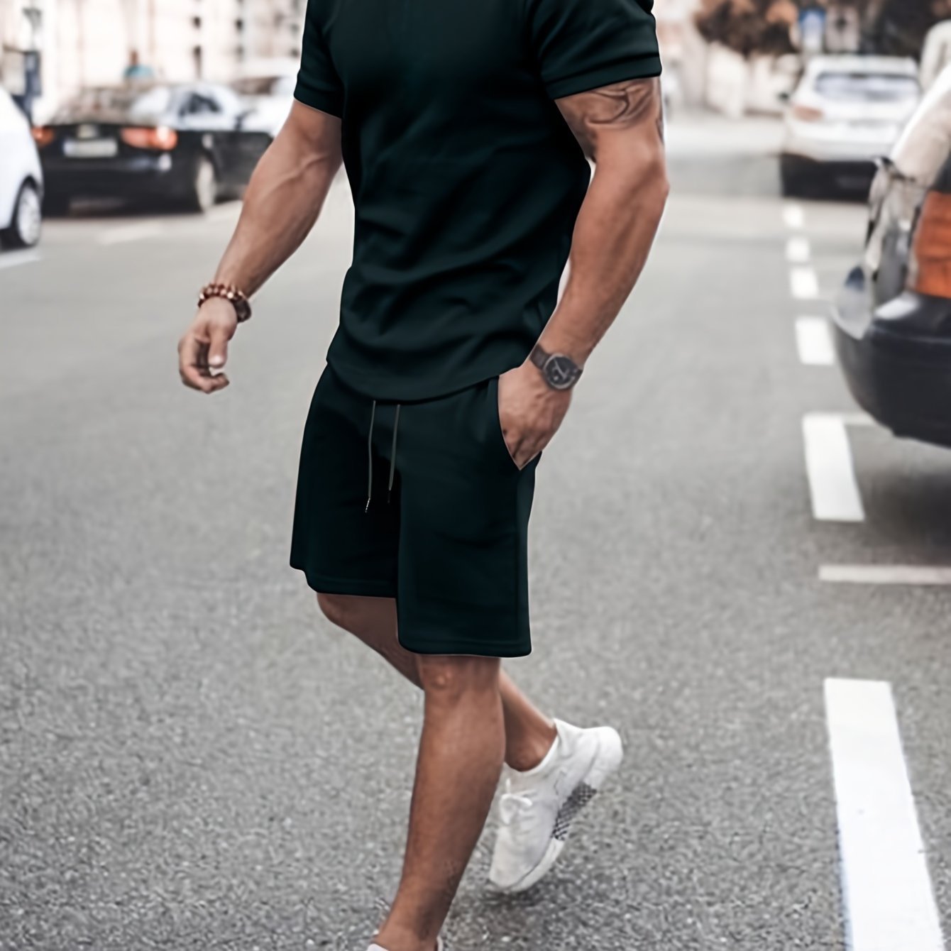 Men’s Outfit Solid Casual Crew Neck Short Sleeve T-Shirt & Drawstring Shorts 2-piece Set For Summer Outdoor Activities