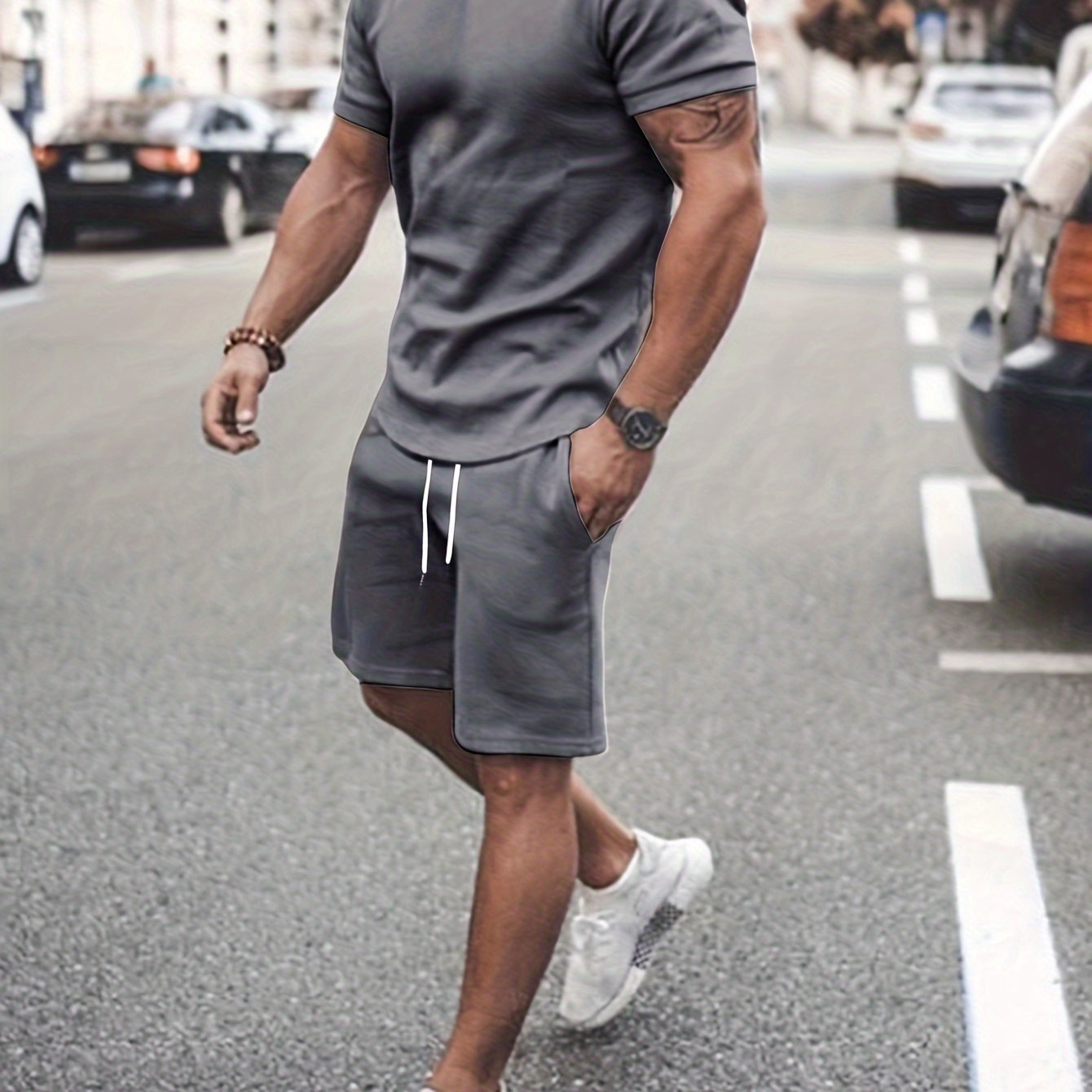 Men’s Outfit Solid Casual Crew Neck Short Sleeve T-Shirt & Drawstring Shorts 2-piece Set For Summer Outdoor Activities