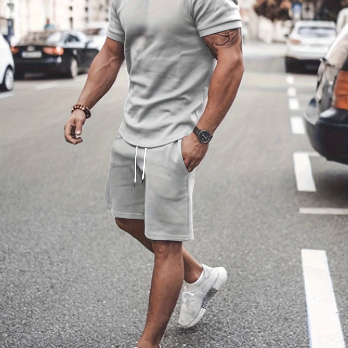 Men’s Outfit Solid Casual Crew Neck Short Sleeve T-Shirt & Drawstring Shorts 2-piece Set For Summer Outdoor Activities
