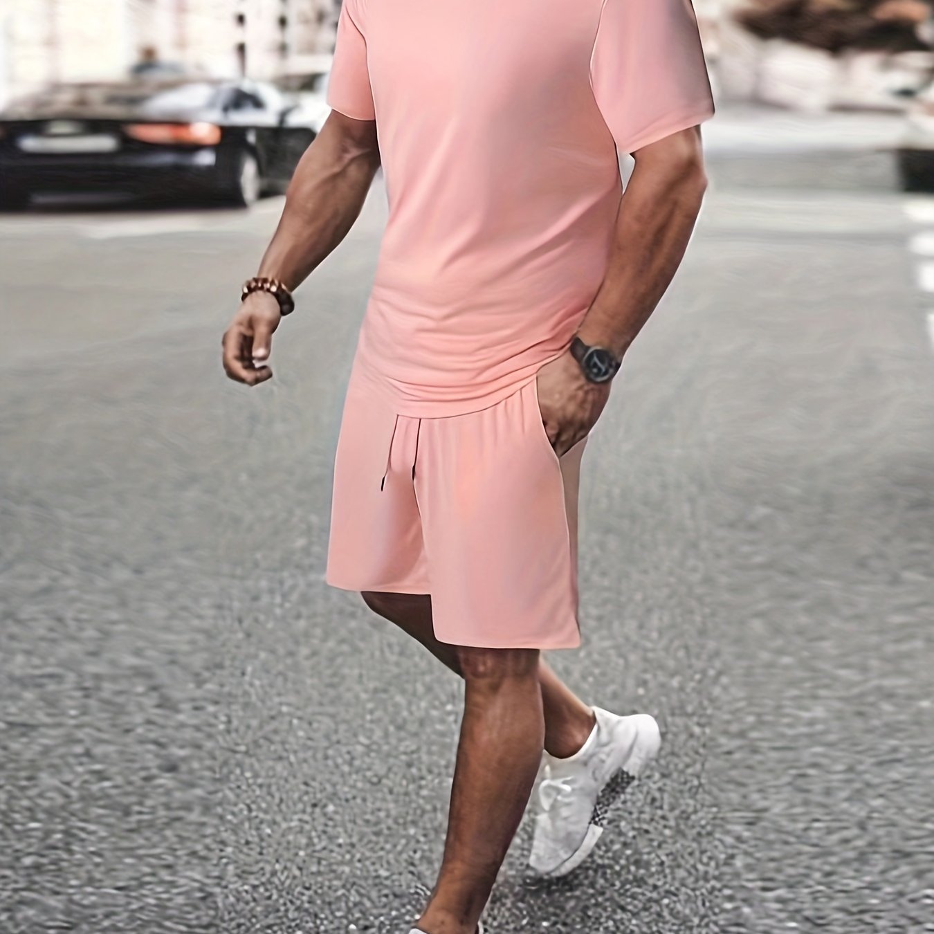 Men’s Outfit Solid Casual Crew Neck Short Sleeve T-Shirt & Drawstring Shorts 2-piece Set For Summer Outdoor Activities