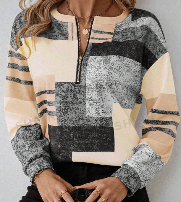 Round Neck Half Zipper Casual Style Polo Shirt Irregular Geometric Top - WF05WF05ZL241212Y001 / S
