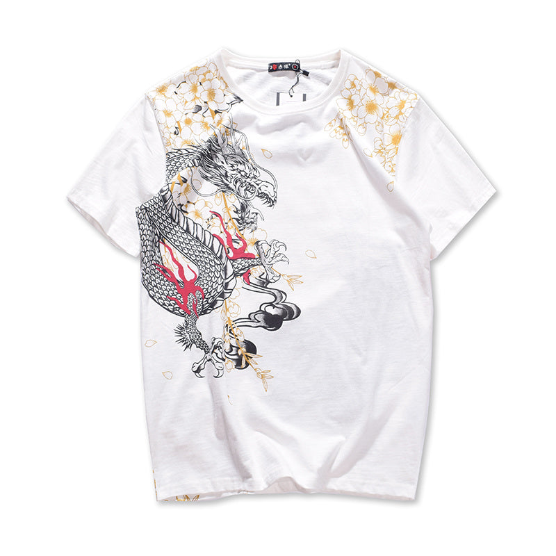 Dragon tiger embroidery short sleeve - White / XL