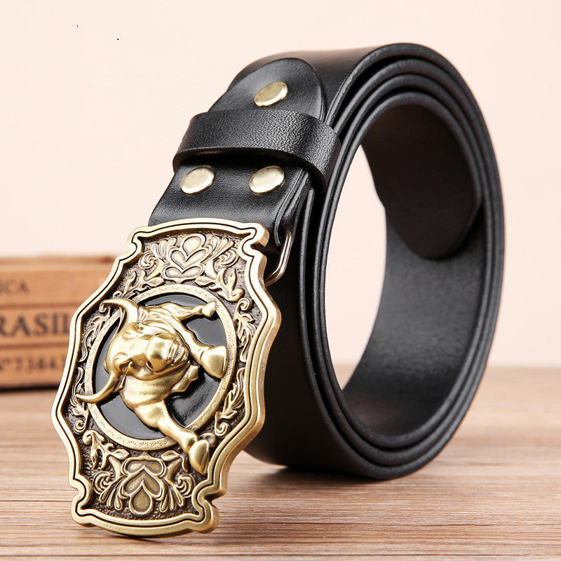 Cow Head Copper Buckle Belt Cowhide Smooth Buckle Belt - Black