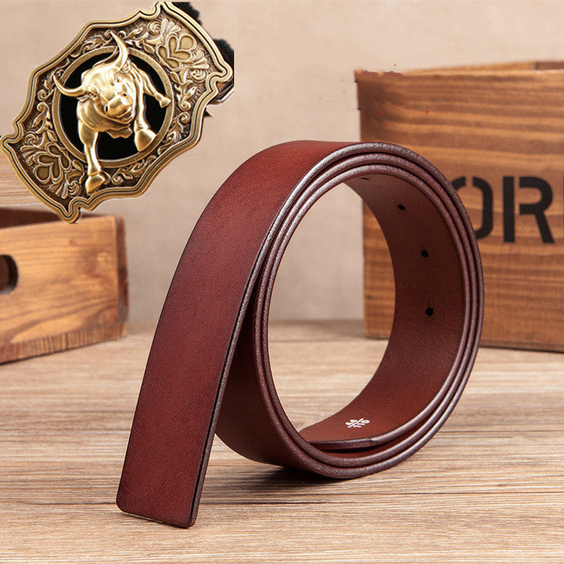 Cow Head Copper Buckle Belt Cowhide Smooth Buckle Belt - Brown