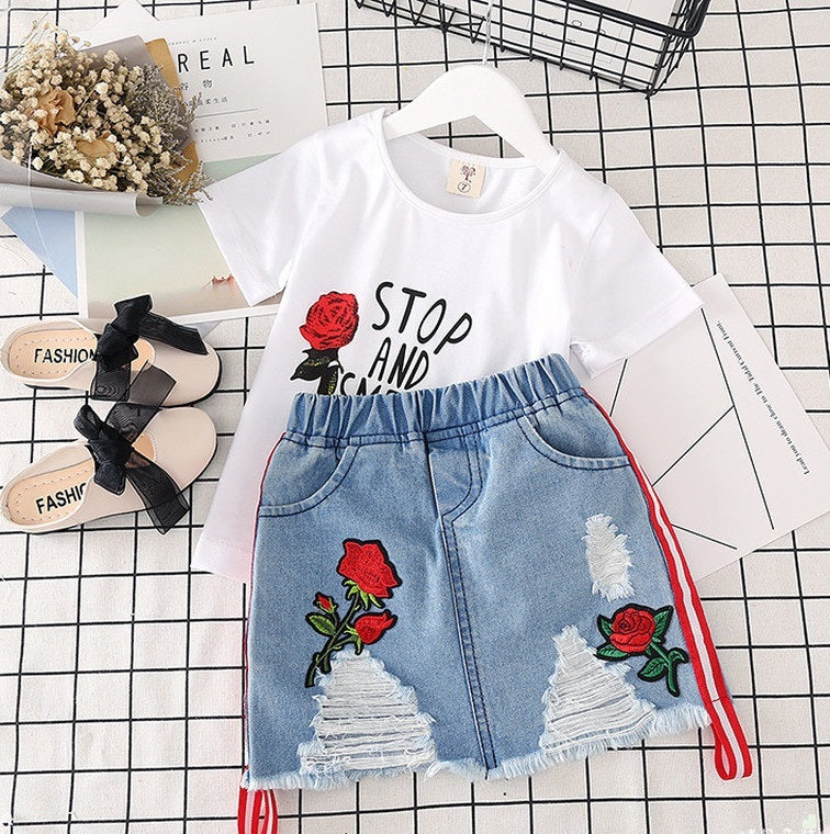 Kids Clothes White T-shirt Denim Skirt 2pcs Girls Suits - Black letters / 120cm