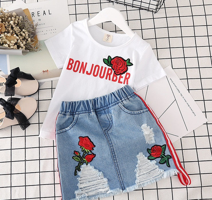 Kids Clothes White T-shirt Denim Skirt 2pcs Girls Suits - Red letters / 130cm