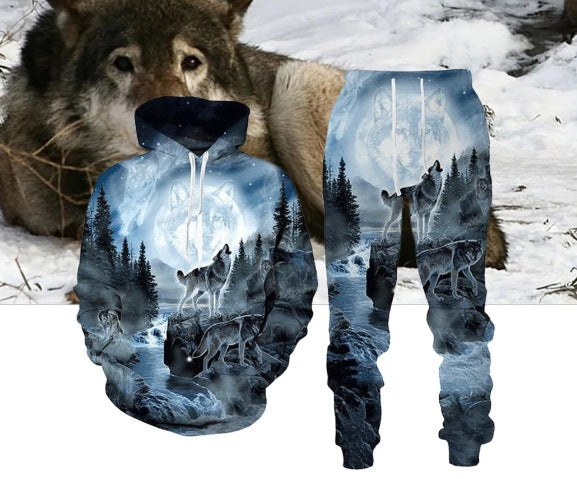 Digital Wolf Pattern Hoodie Sweater Pants Suit For Men And Women - Style3 / S