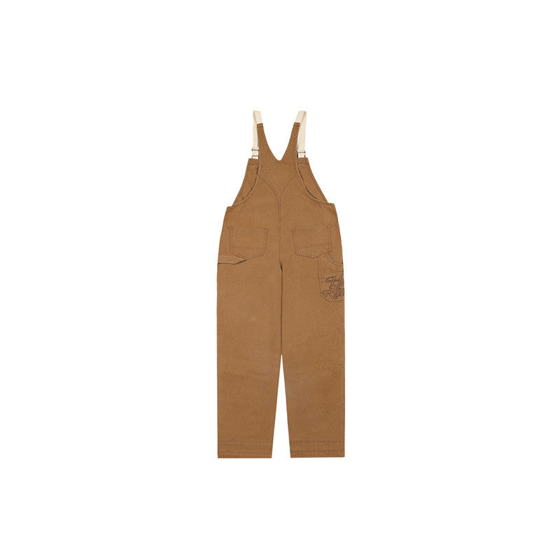Zipper Pocket Suspender Trousers Country Trend Wild Loose High Street Wear Straight-leg Pants - Brown / S