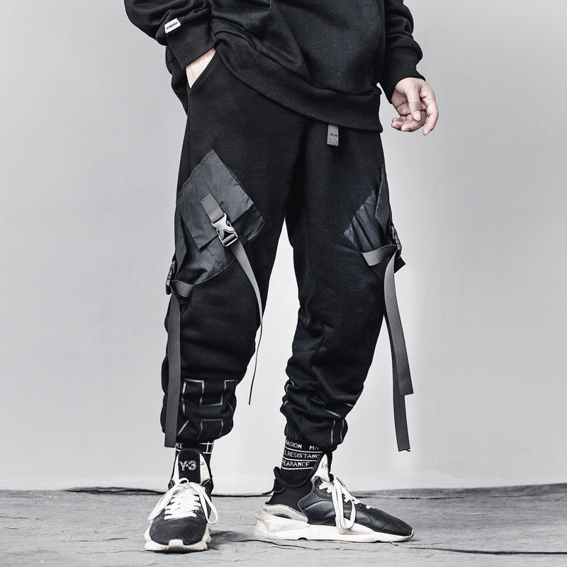 Men’s Loose Black Overalls Hip-hop Pocket Pants