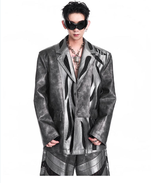 Patchwork Hollow-out Knitmesh PU Autumn And Winter Heavy Casual Pants