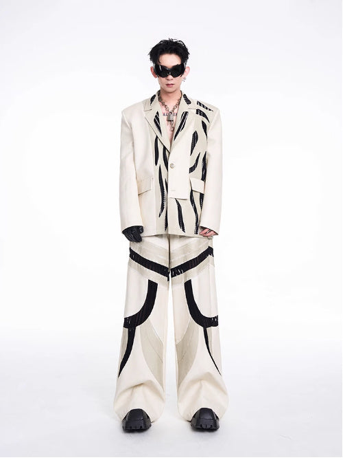 Patchwork Hollow-out Knitmesh PU Autumn And Winter Heavy Casual Pants