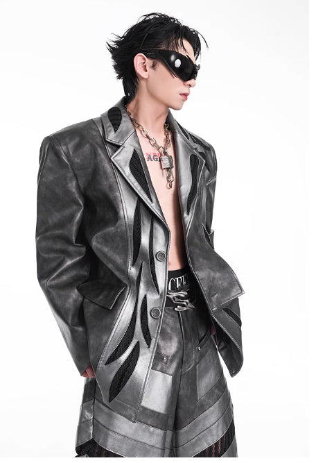 Patchwork Hollow-out Knitmesh PU Autumn And Winter Heavy Casual Pants