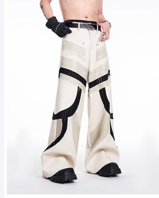 Patchwork Hollow-out Knitmesh PU Autumn And Winter Heavy Casual Pants